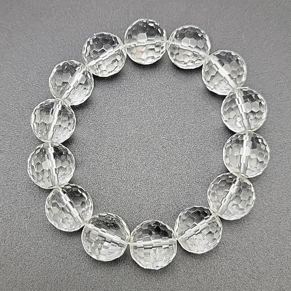 Elegant 16mm Clear Faceted Natural Rock Crystal Stretch Bracelet Size 6.75" NWOT